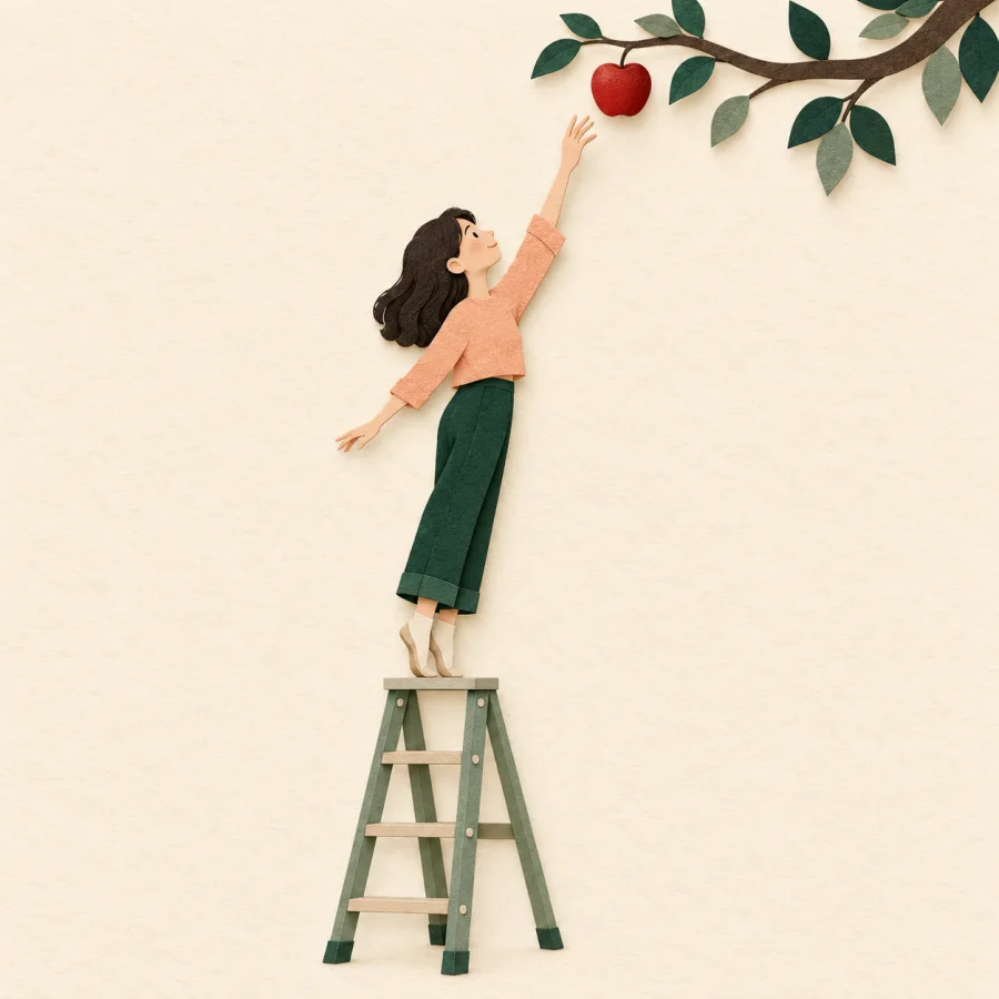 A person on a ladder stretches an arm up toward an apple.