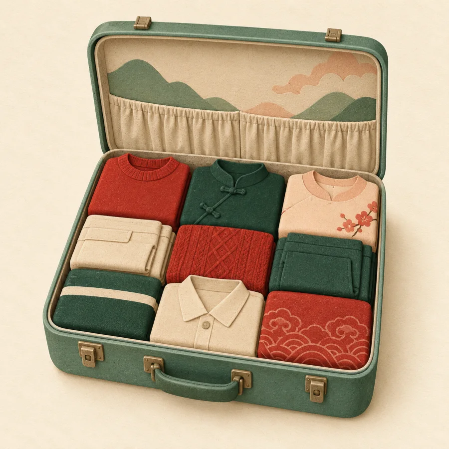 A suitcase tightly and neatly packed with folded clothes.