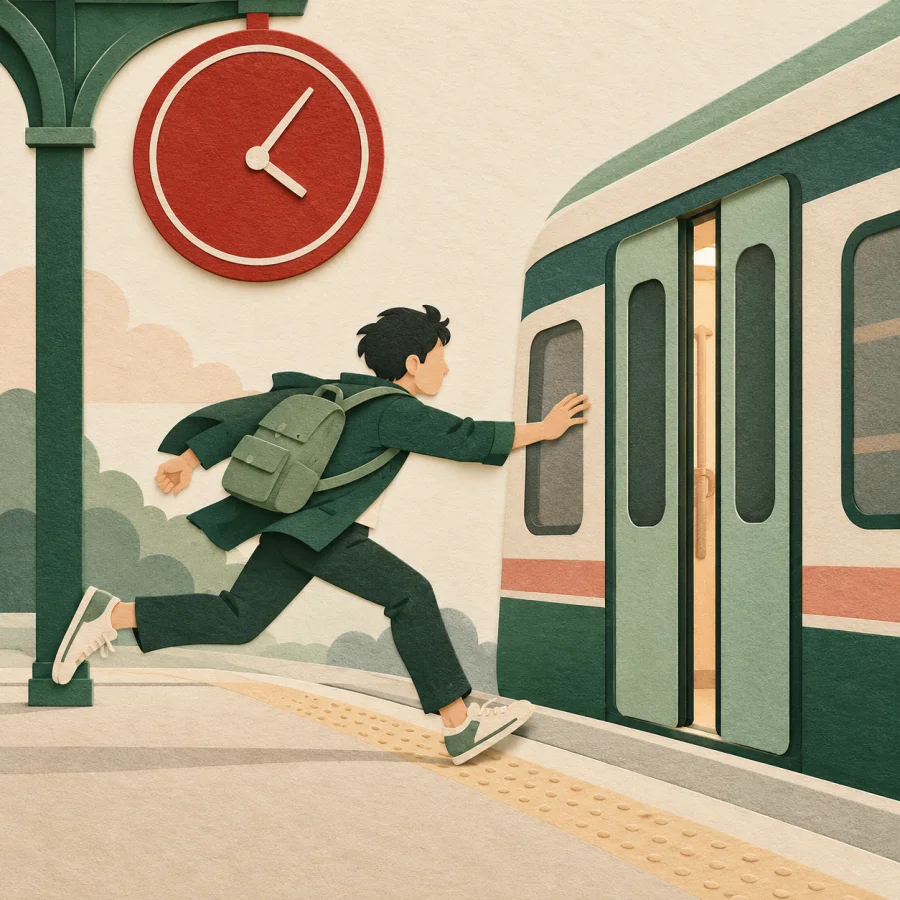 A person sprints toward a train as its doors begin to close.