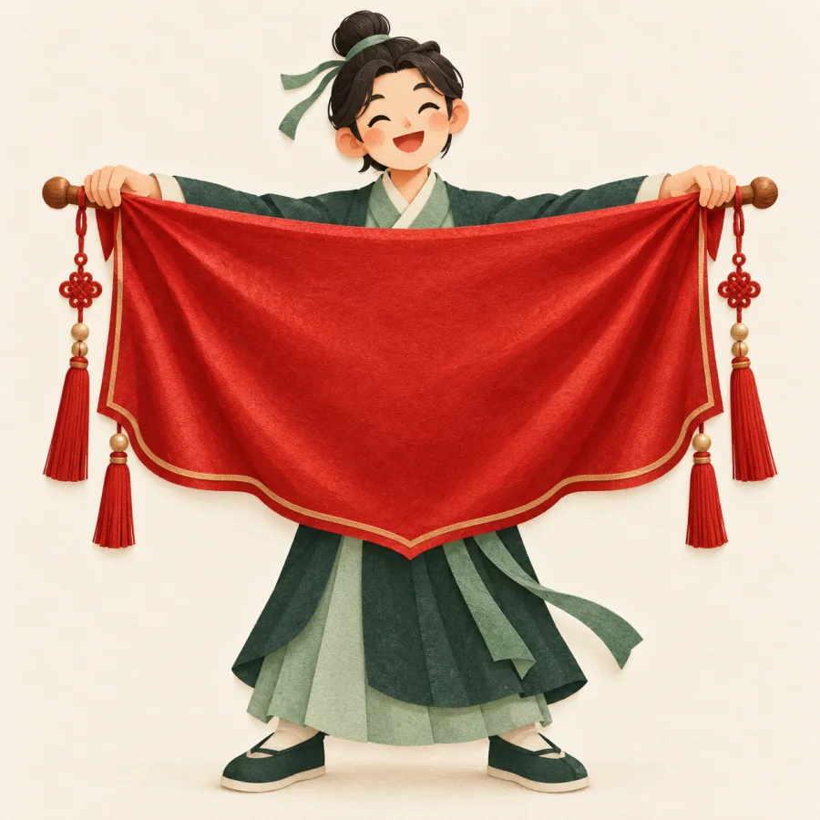 A smiling person holds up a red silk banner on a pole.