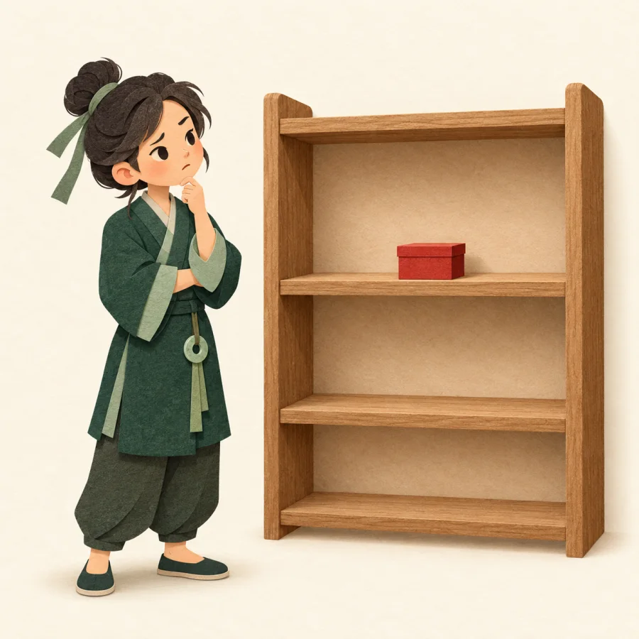 A puzzled person looks at an almost empty shelf.