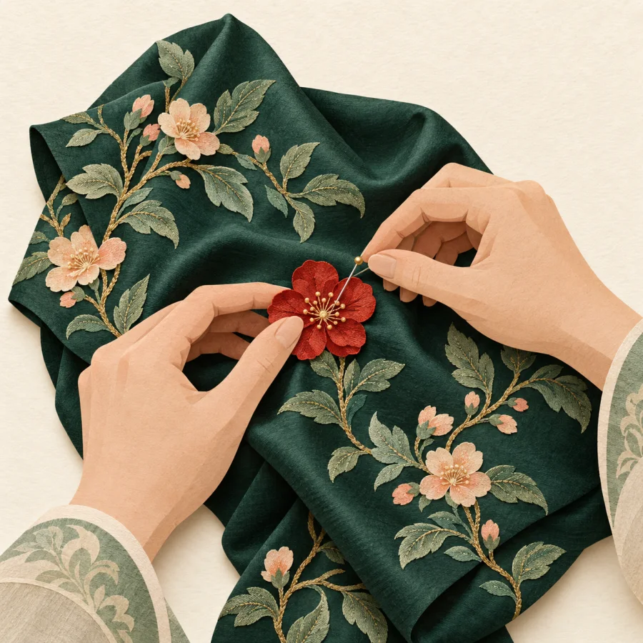 A person pins a small flower onto a beautifully embroidered cloth.