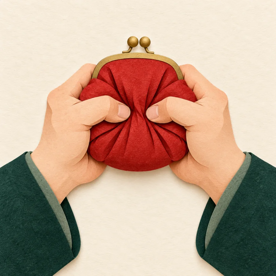 A person squeezes a plump red coin purse in both hands.