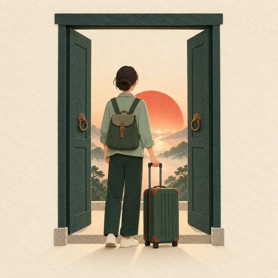 A person with a suitcase stands at a door at sunrise.