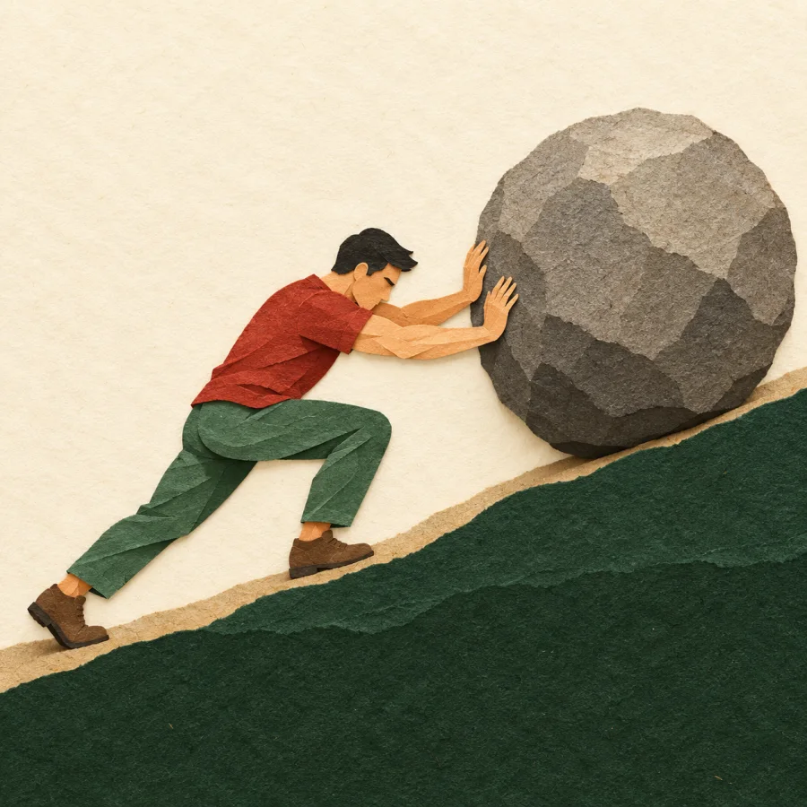 A person pushes a large boulder up a hill with all their strength.