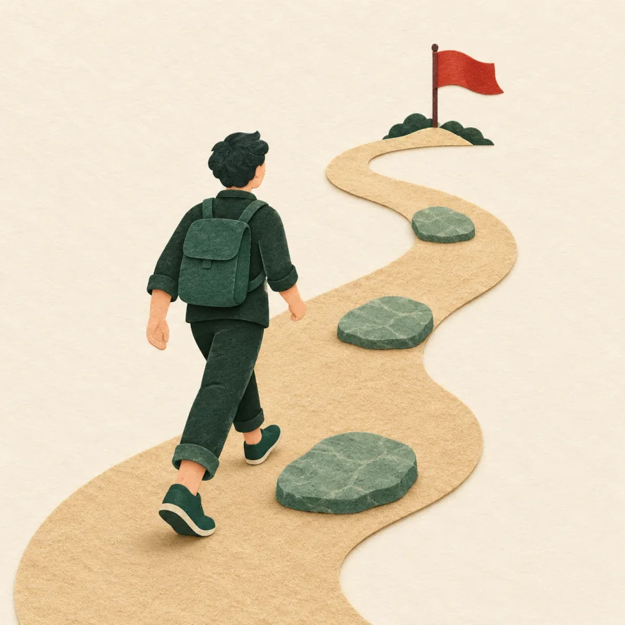 A person walks along a winding path toward a small flag.
