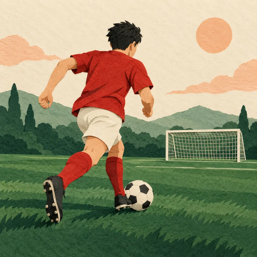 A football player in red charges toward the goal with the ball.