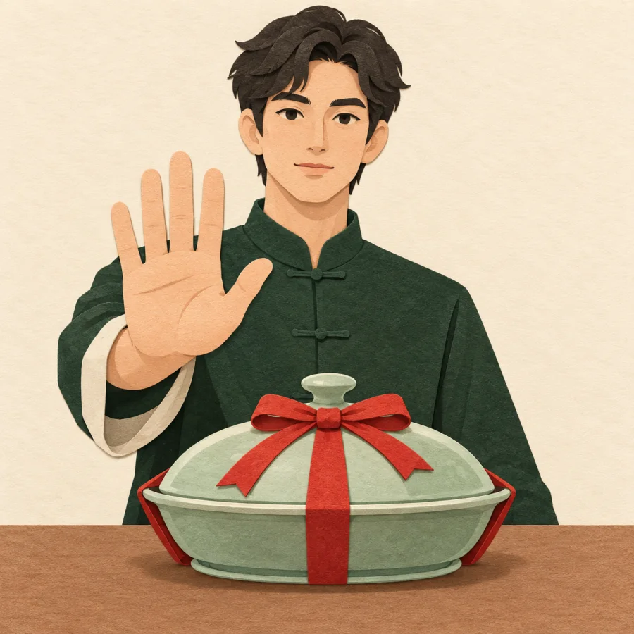 A person raises a palm beside a dish tied with a red ribbon.