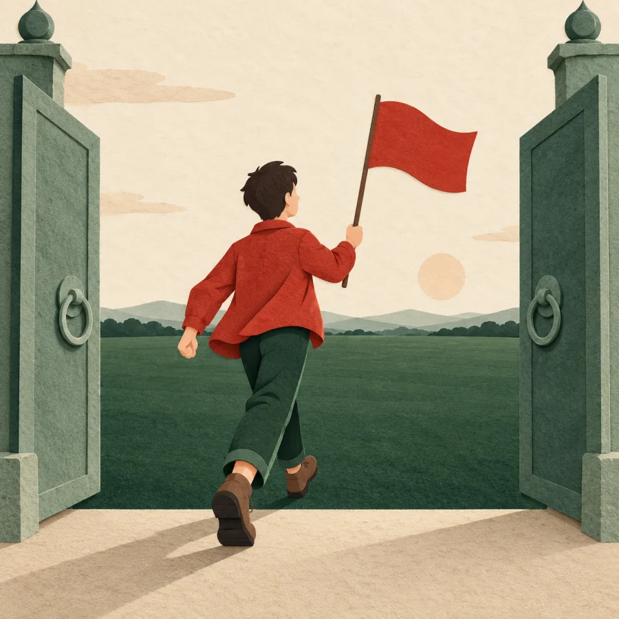 A person with a small flag walks through a gate into a green field.