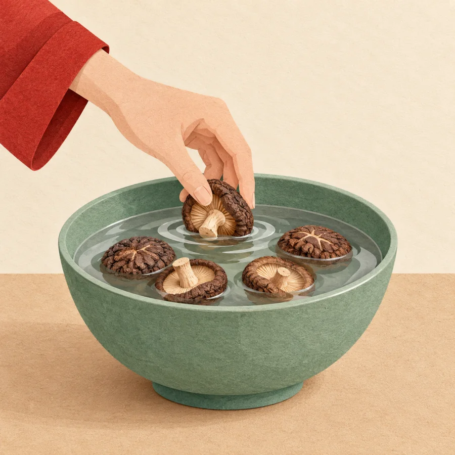 A person lowers dried mushrooms into a large bowl of water.