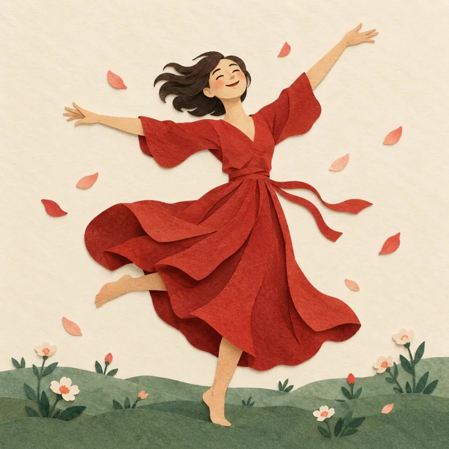 A person with arms spread wide dances joyfully.