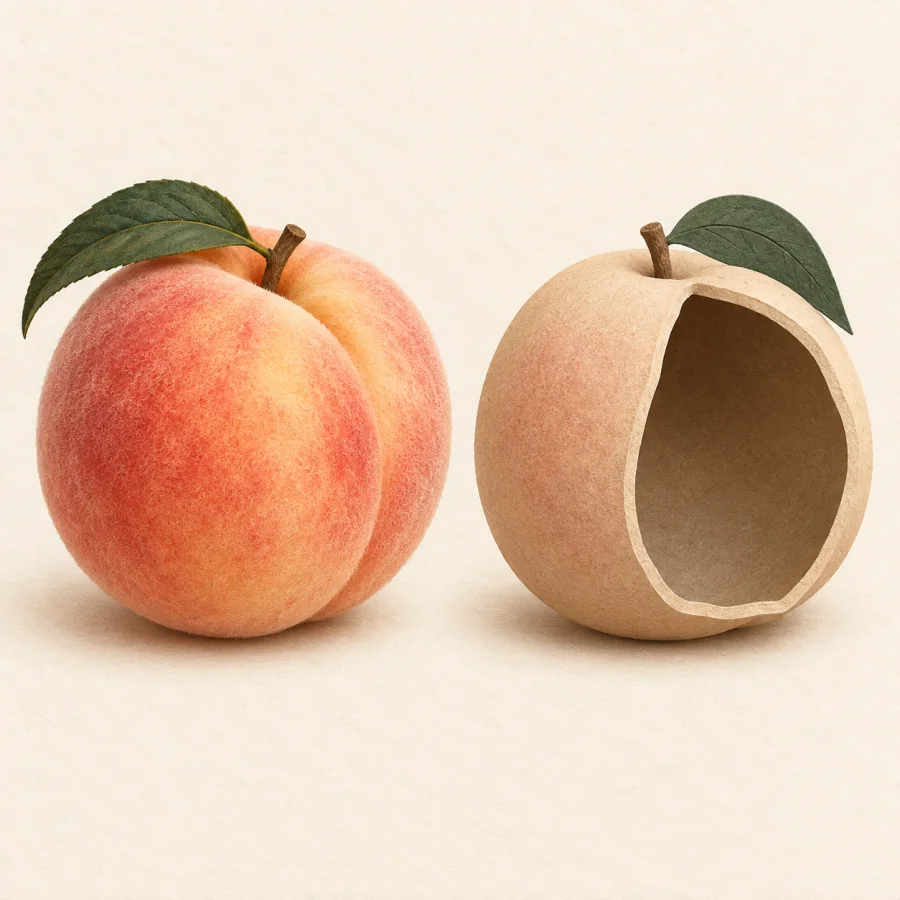 Eine echte Frucht neben einer künstlichen Nachbildung