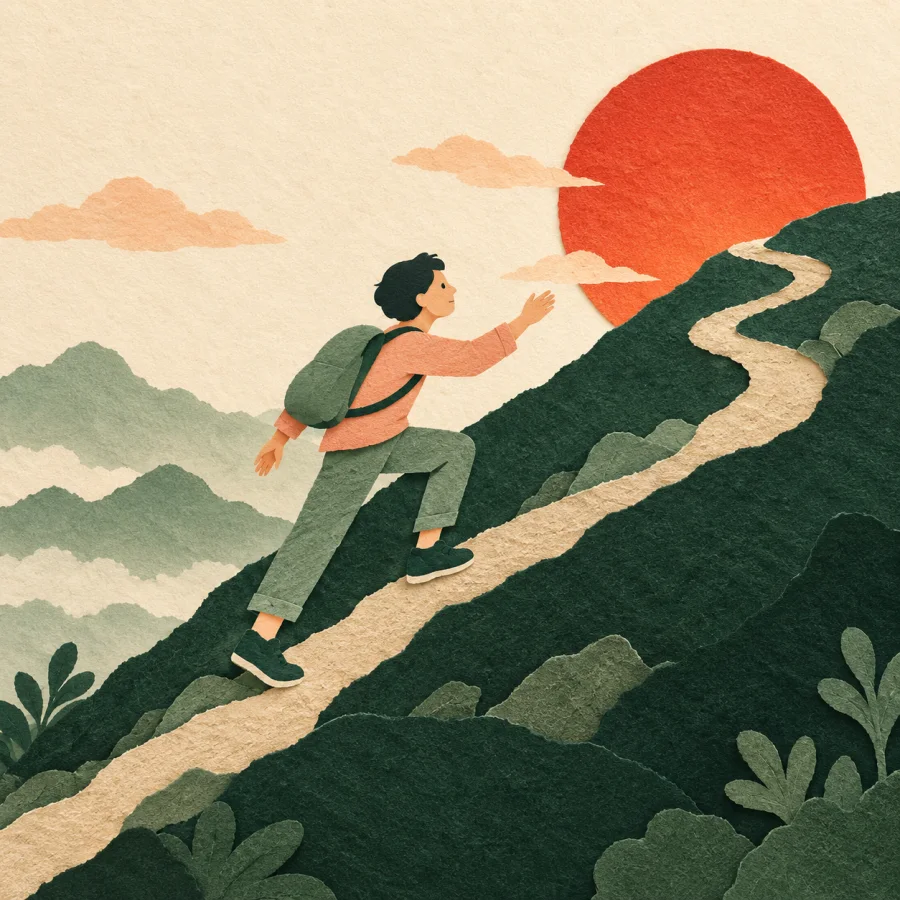 A person climbs steadily up a hillside toward the rising sun.