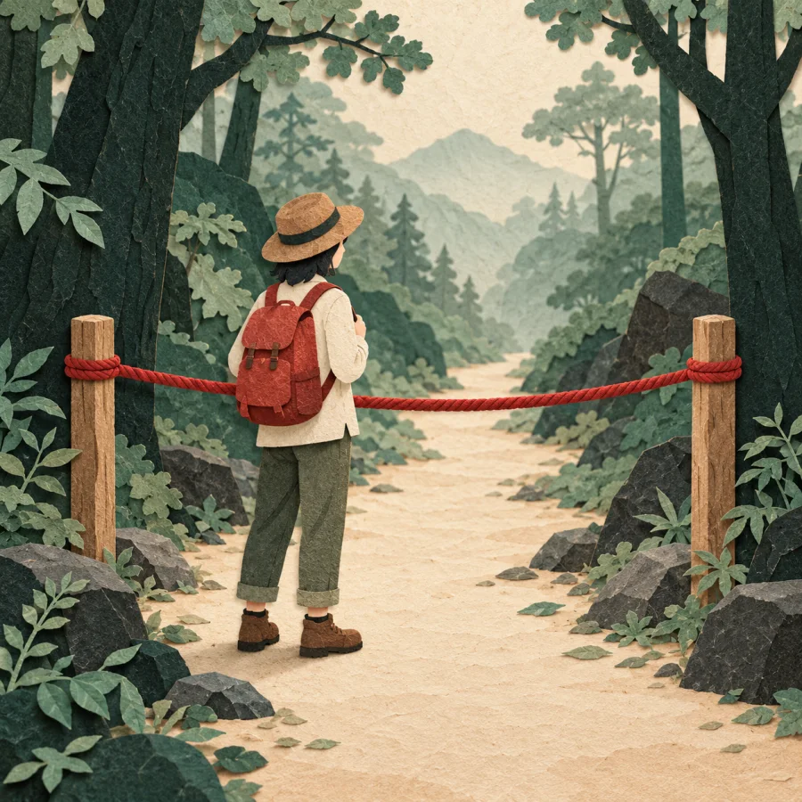 A person stops before a red rope stretched across a forest path.