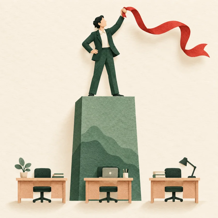 A person stands on a tall platform above a row of office desks.