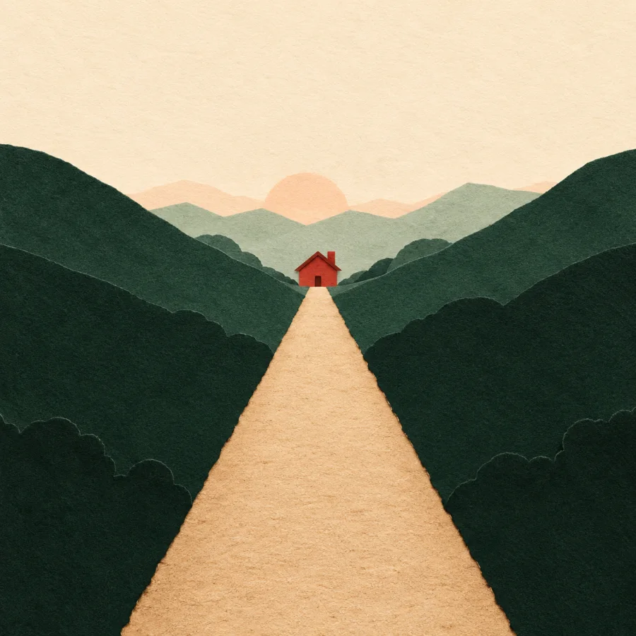 A straight road leads to a small red house at its far end.