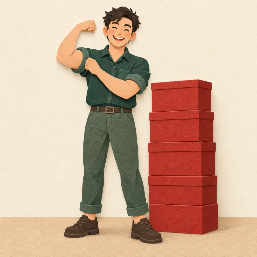 A grinning person rolls up their sleeves beside a stack of boxes.