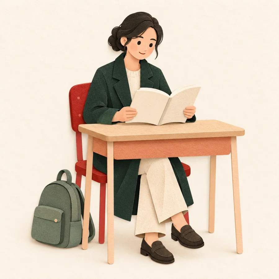 An adult sits at a classroom desk with an open book.