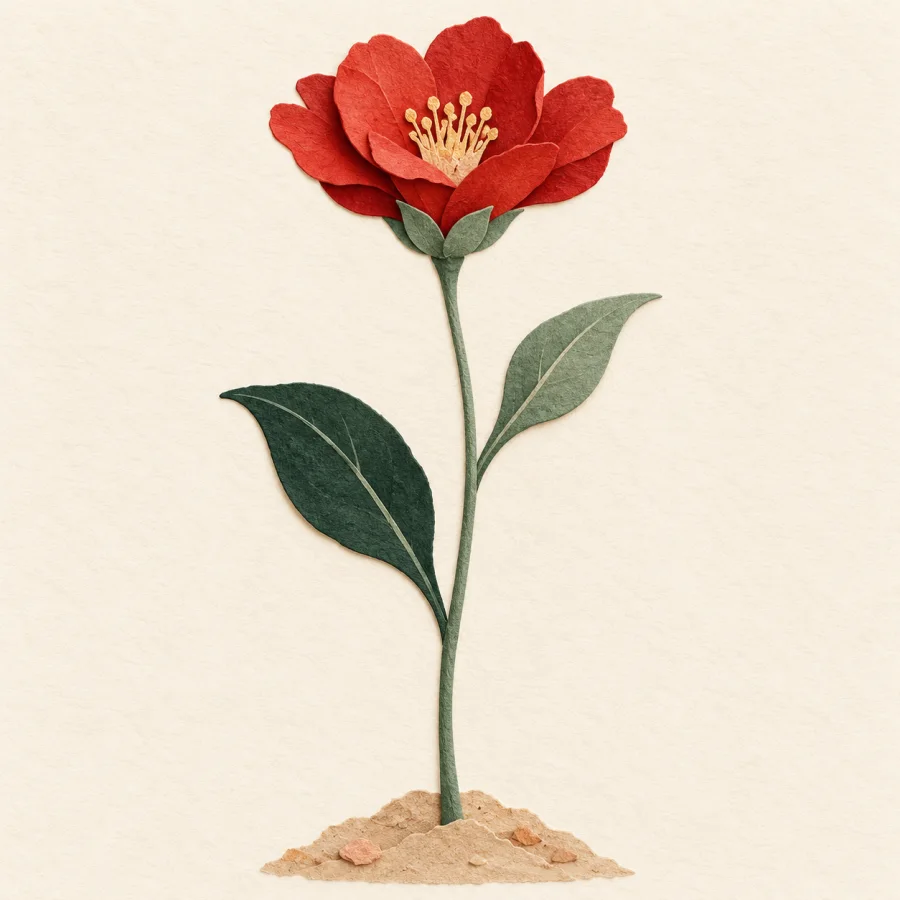 A flower on a long green stem grows from the soil.