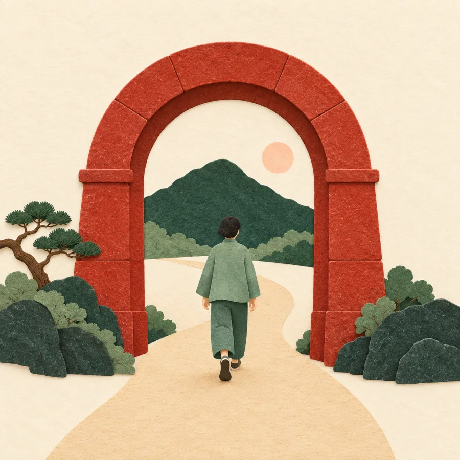 A person walks through a stone archway on a path.