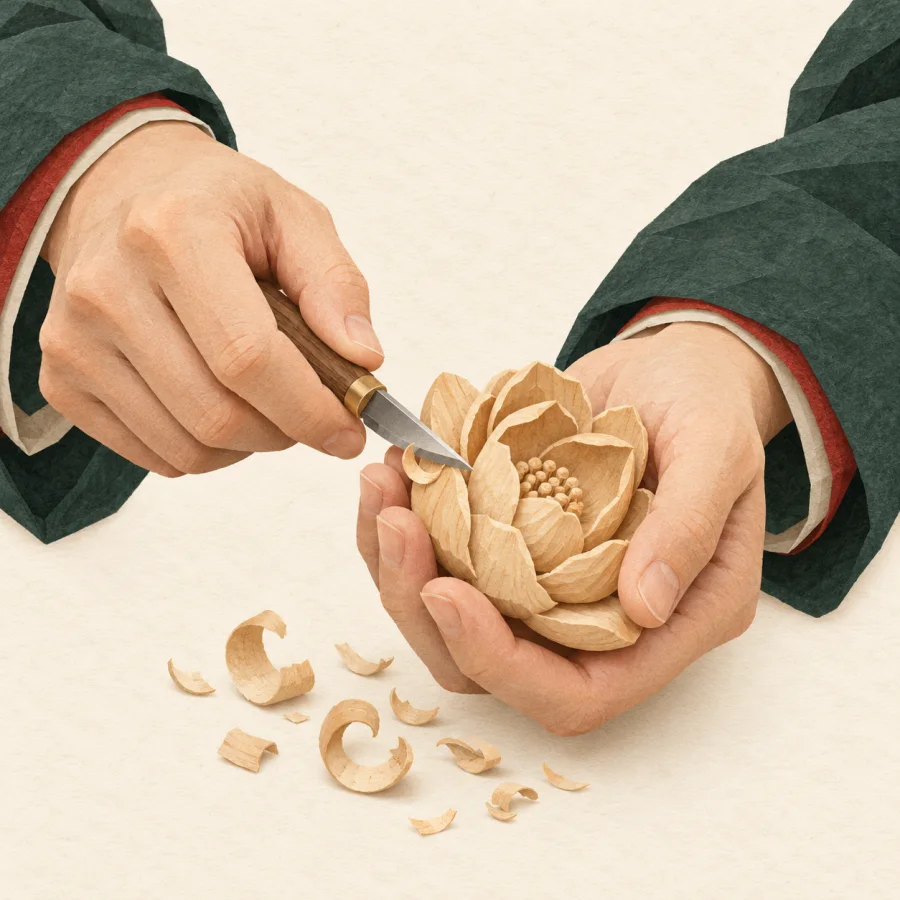 A craftsperson carves fine petals into a small wooden flower.