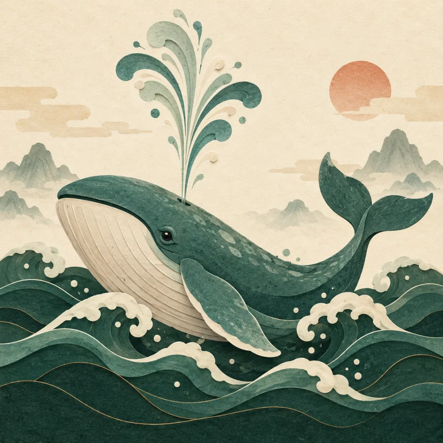 A large whale blows a water spout among the waves.