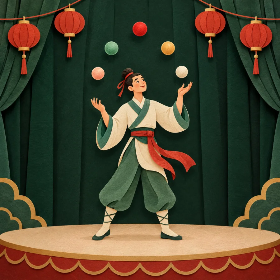 A performer juggles balls on a stage under red lanterns.