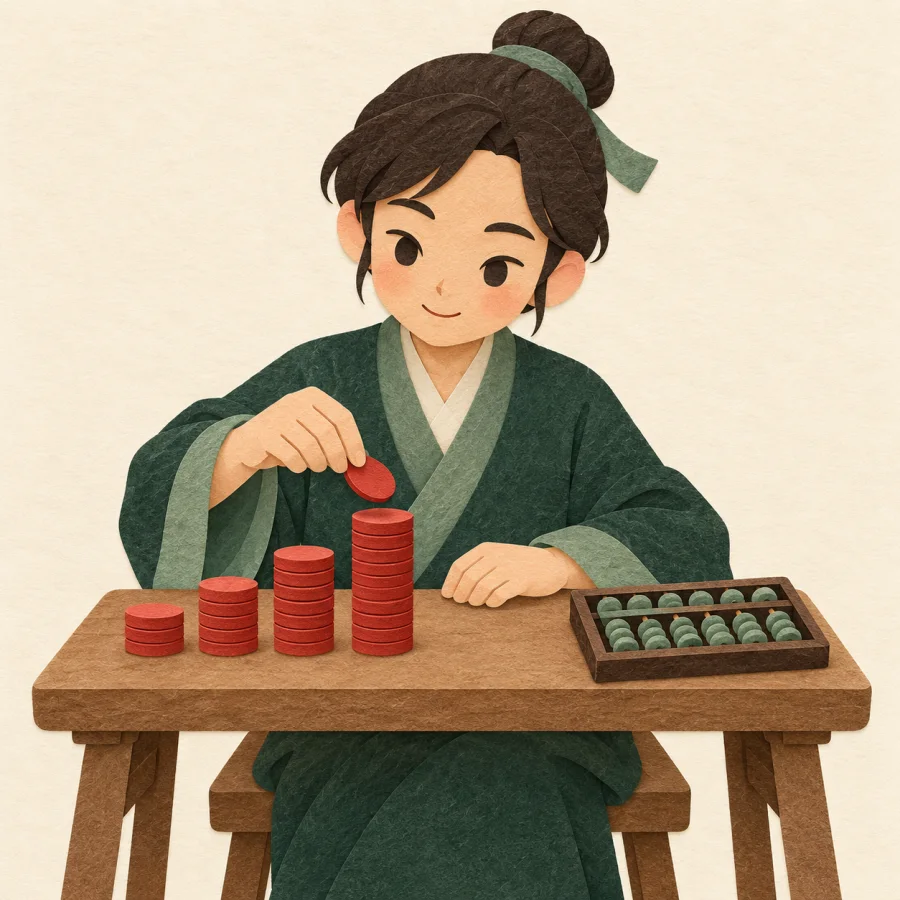 A person at a table sorts coins into neat stacks.