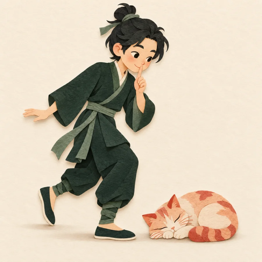 A person tiptoes past a sleeping cat with a finger to their lips.