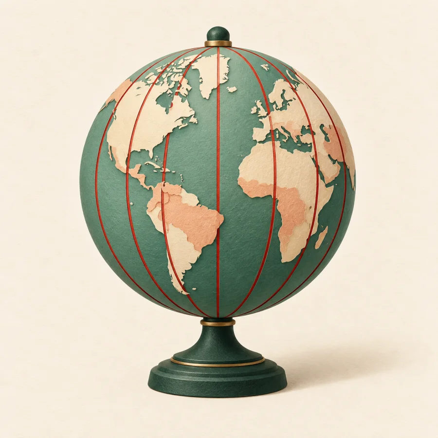 A globe with red lines running from top to bottom.