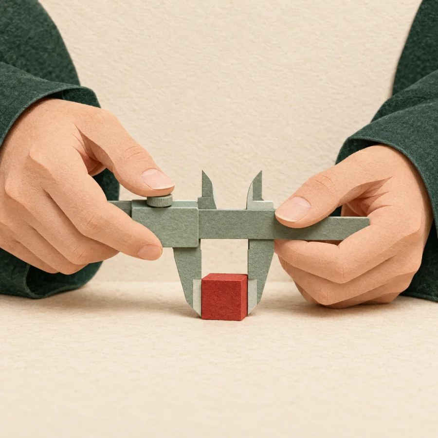 A person measures a tiny red cube with a caliper.