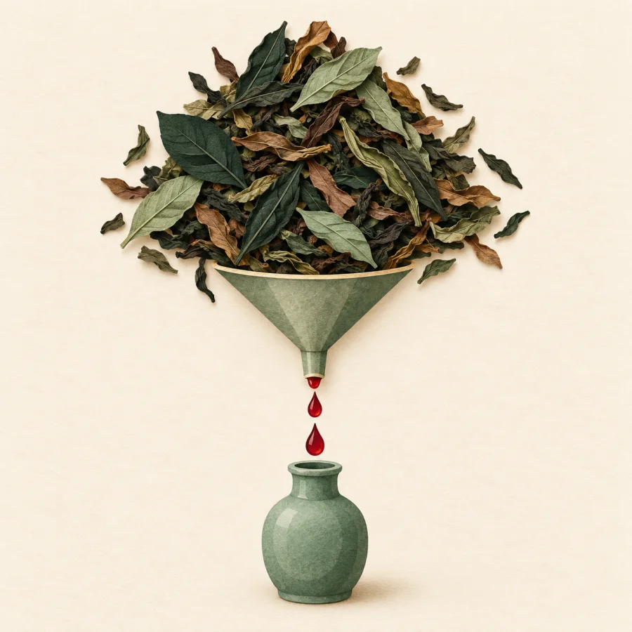 Drops of liquid fall from a pile of dried leaves into a tiny bottle.