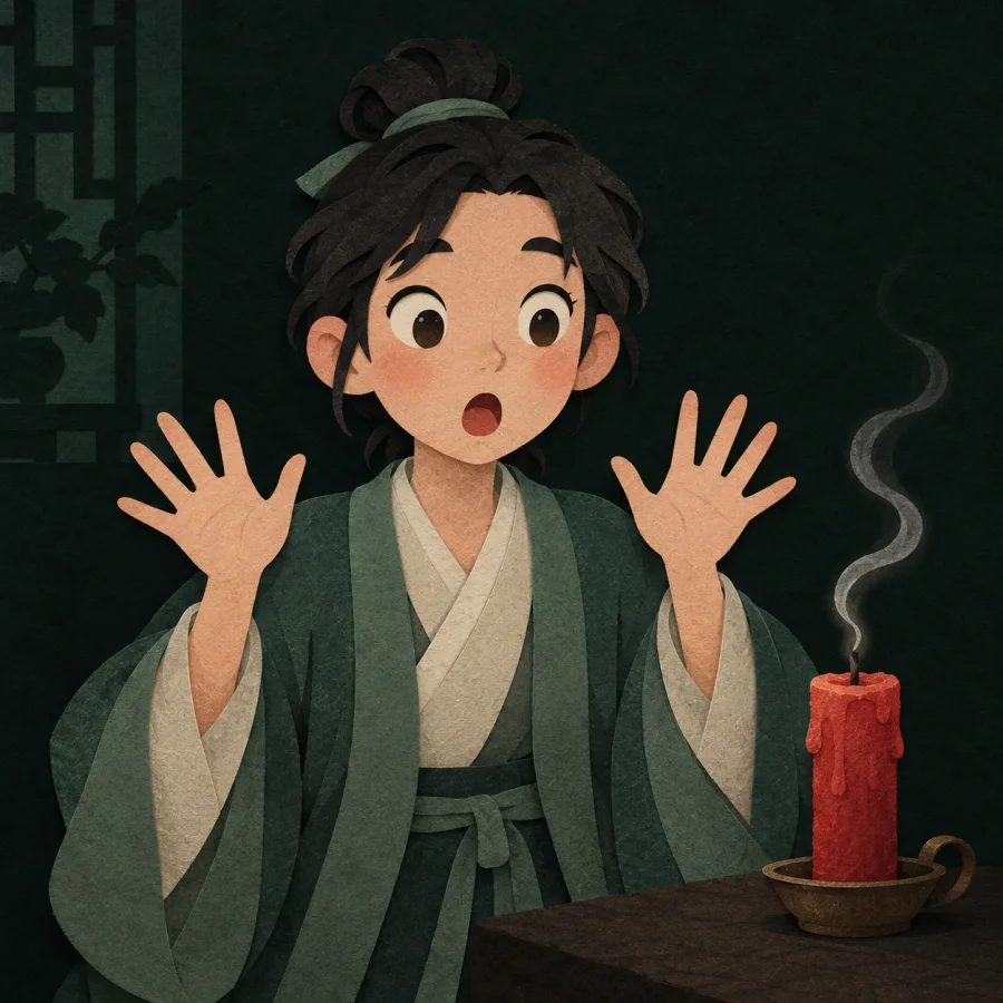 A frightened person raises both hands beside a candle that went out.