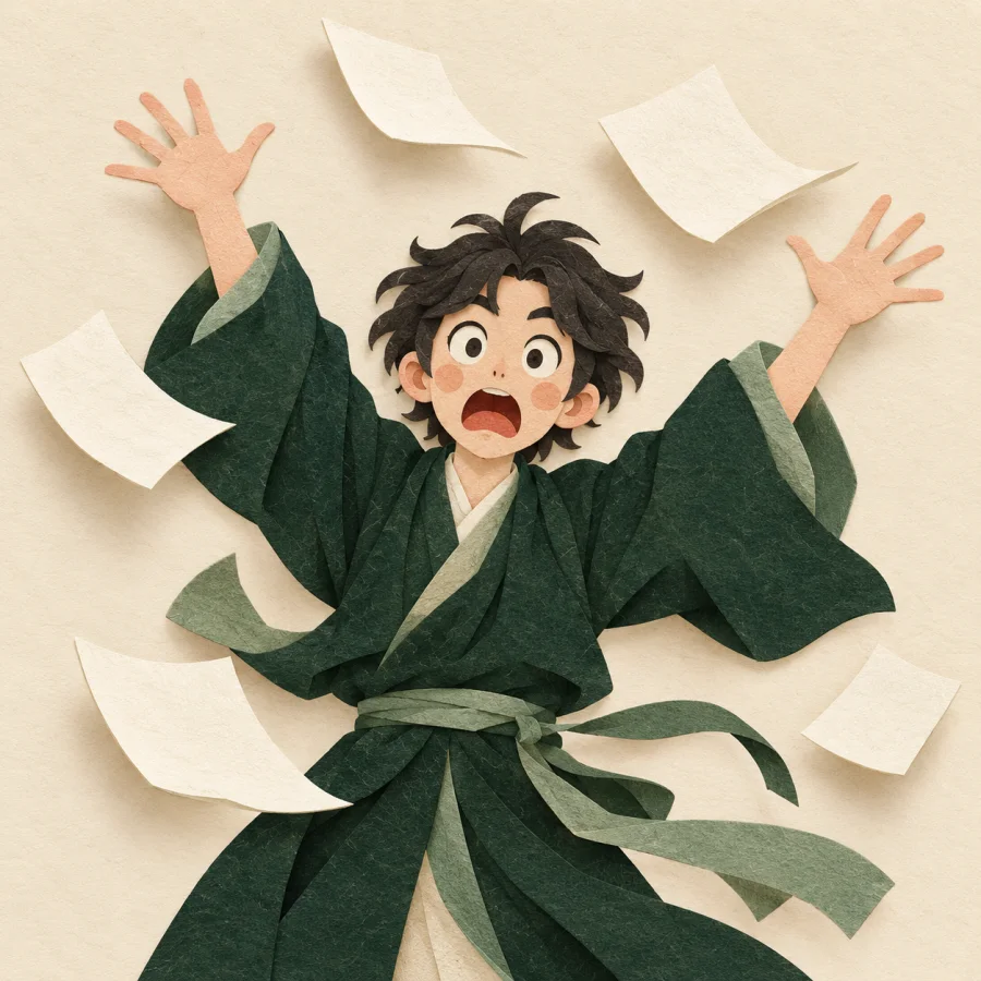 A wide-eyed person flails their arms as papers fly around.