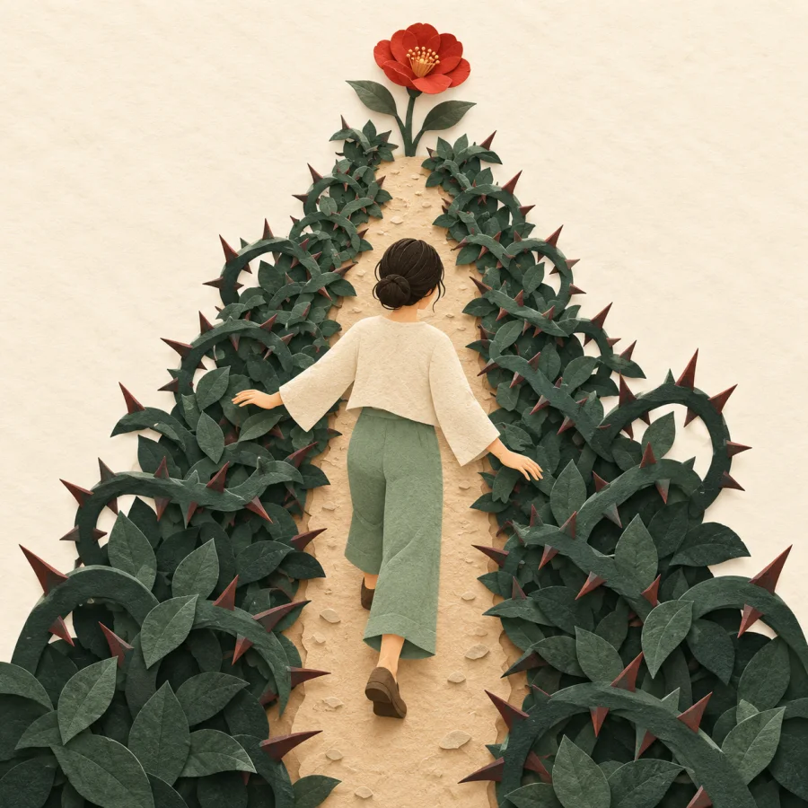 A person walks carefully along a path lined with thorny bushes.