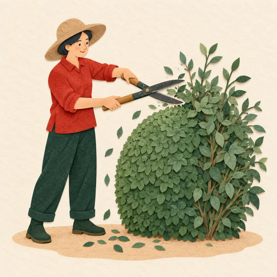 A person trims a messy bush into a neat compact shape.