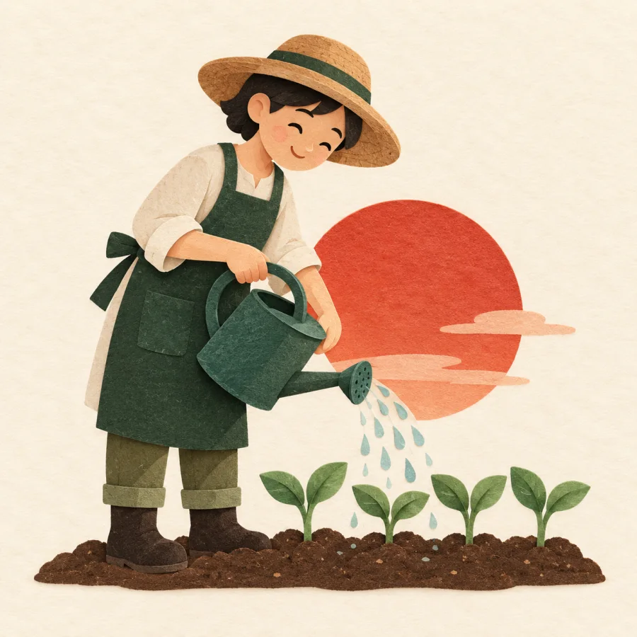 A gardener carefully waters a row of small seedlings.