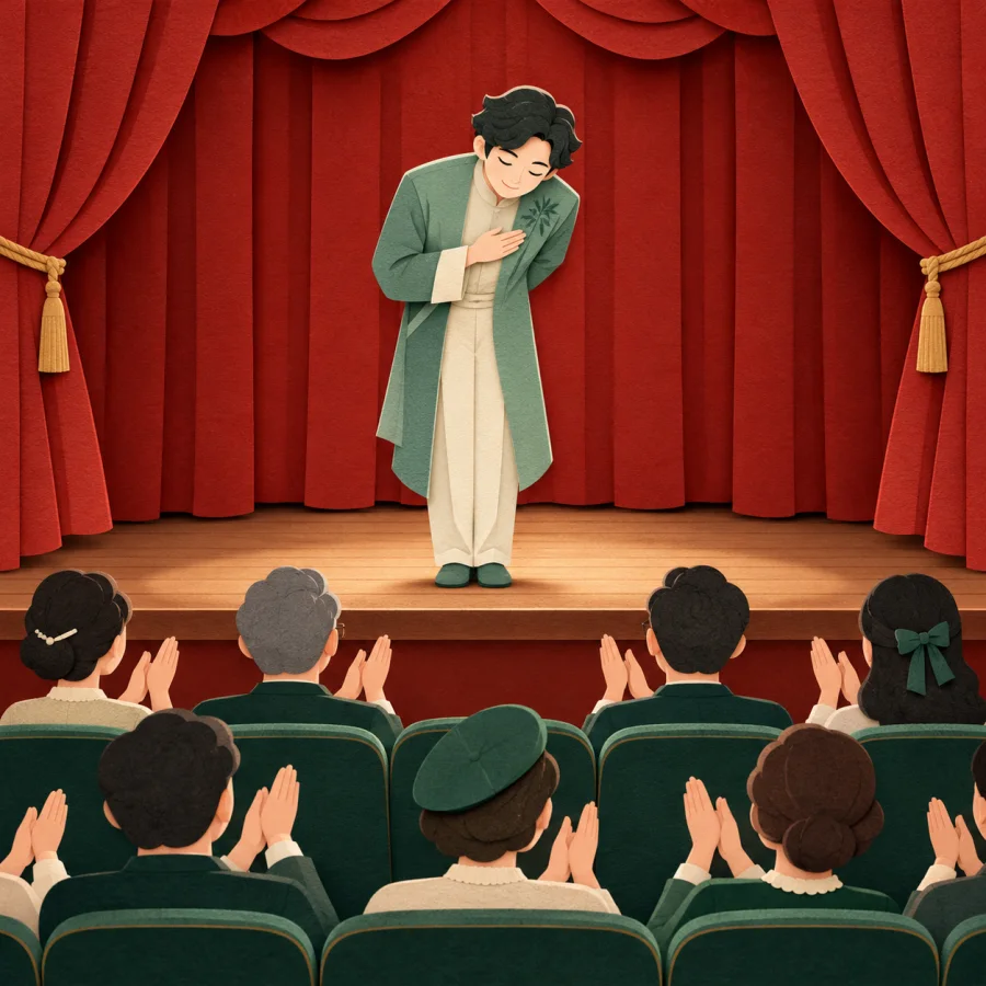 A performer bows on stage while the audience applauds.