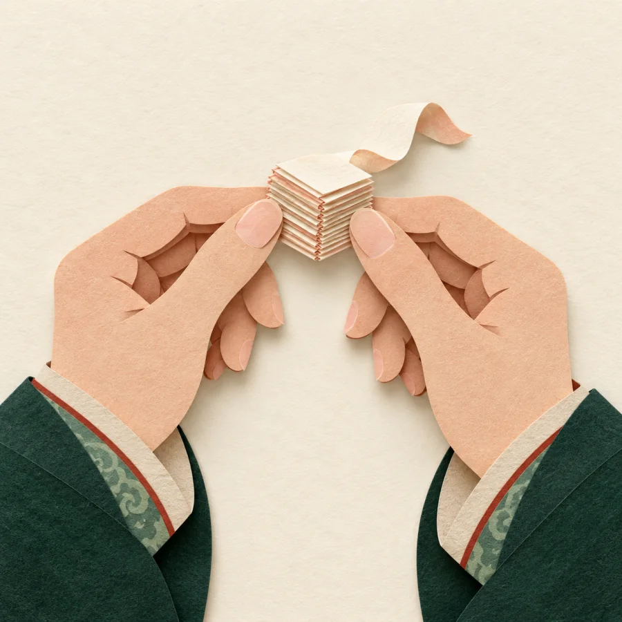 A person holds a long paper strip folded into a small square.