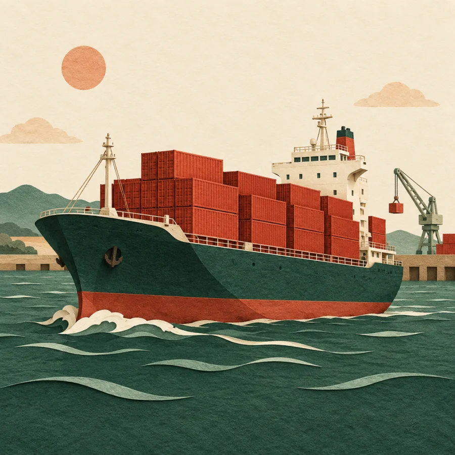 A cargo boat loaded with red crates sails on green water.