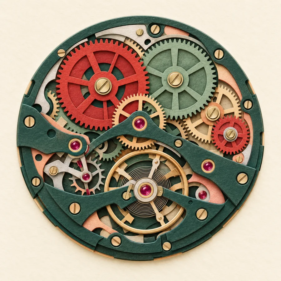 A watch mechanism with many tiny interlocking gears.