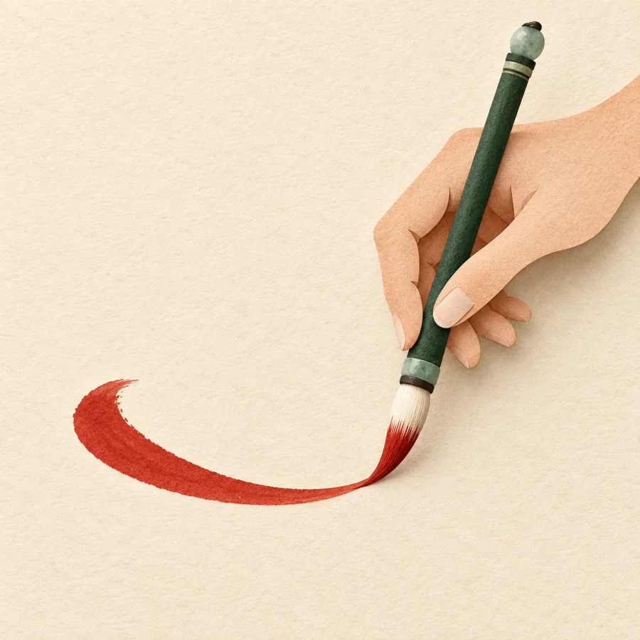 A hand paints one graceful stroke with a fine brush.