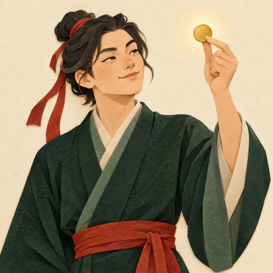 A person with a knowing smile examines a coin in the light.