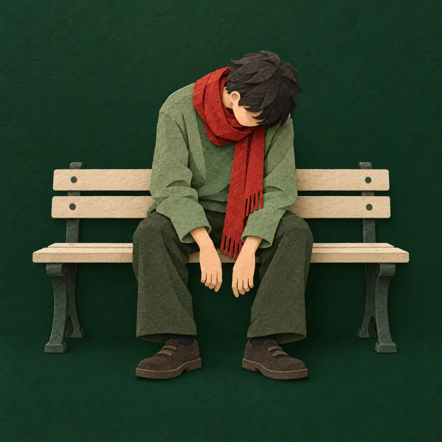 An exhausted person slumps on a bench with head down.