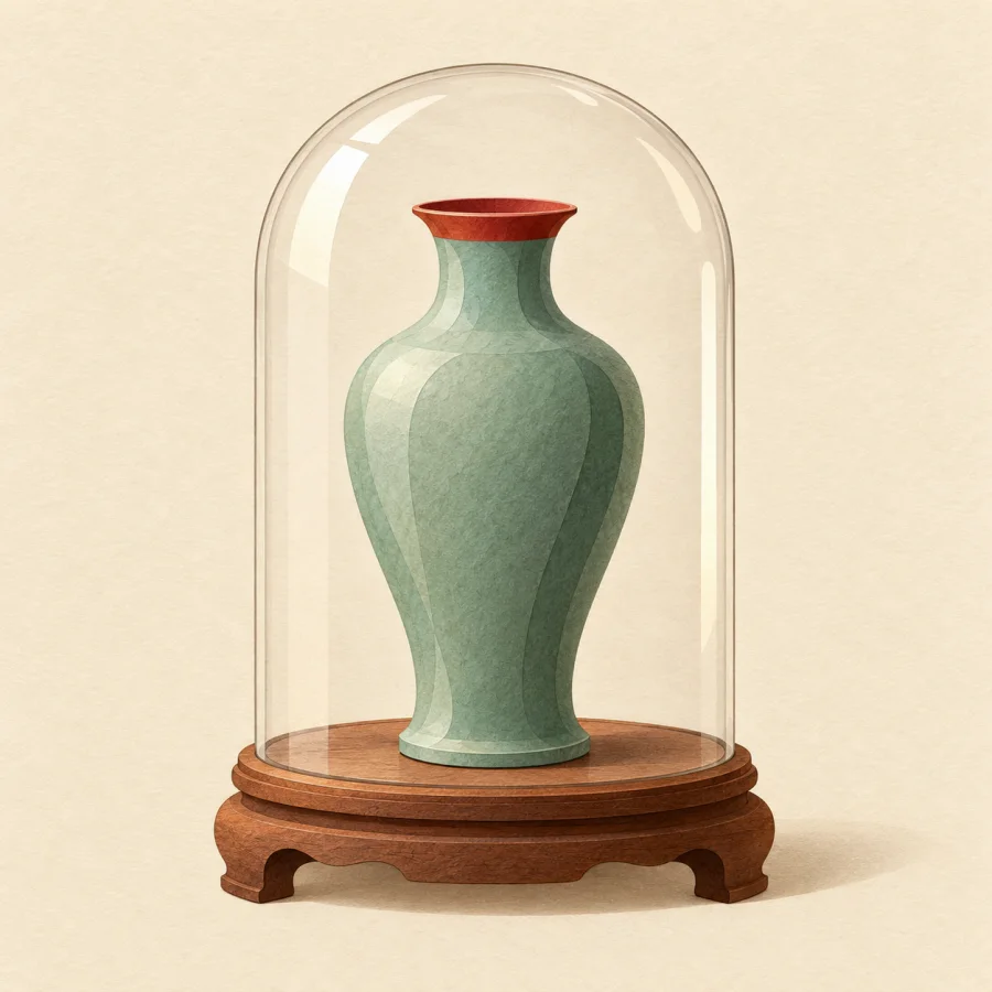 An elegant vase on a stand under a glass dome.
