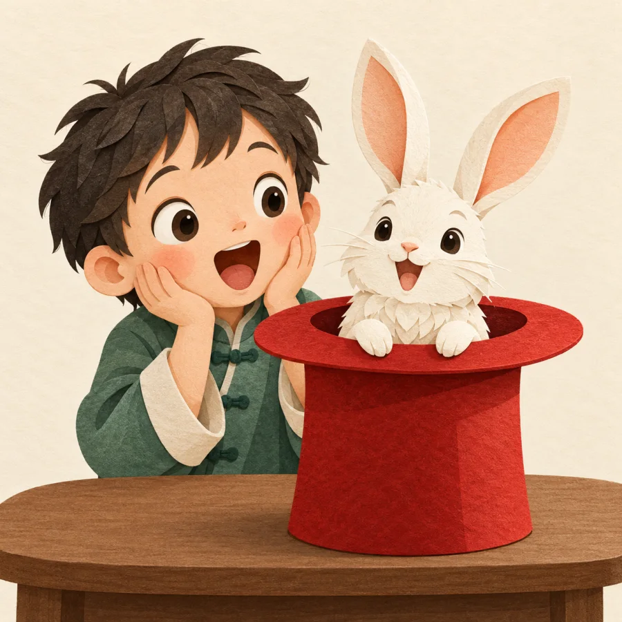 A wide-eyed child watches a rabbit pop out of a hat.