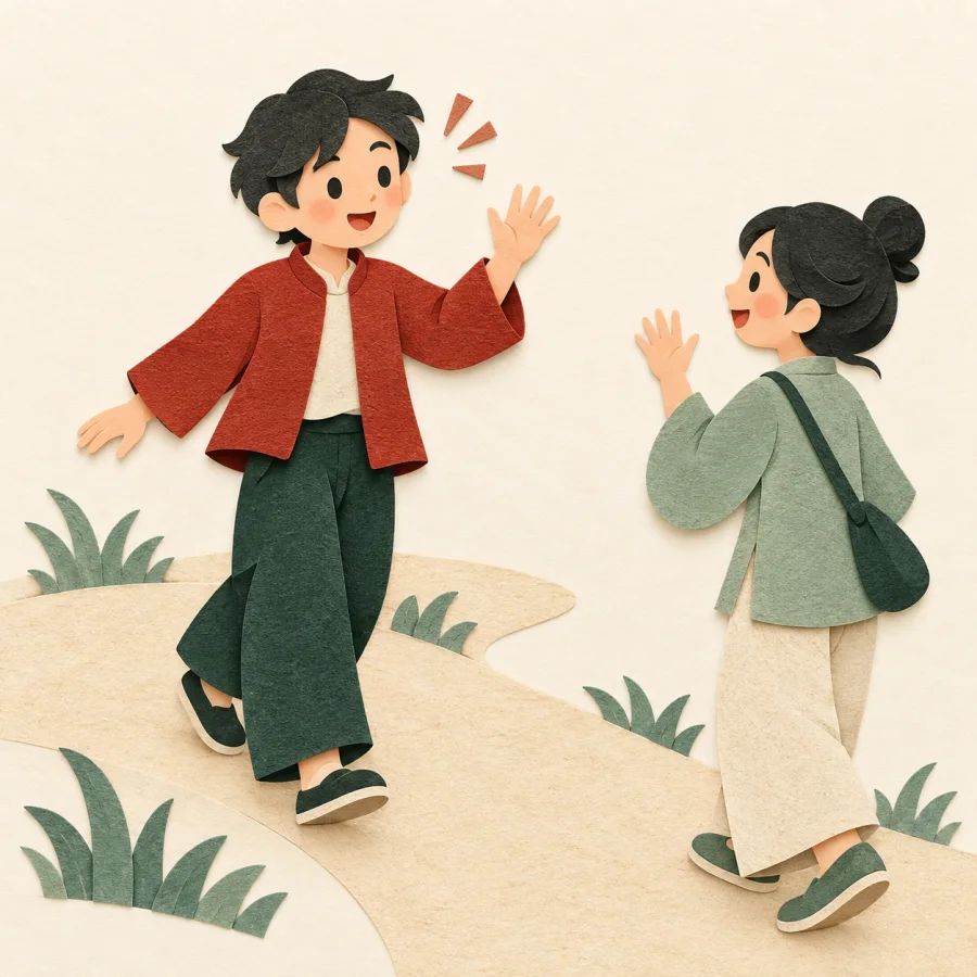 A person meeting a friend on a path