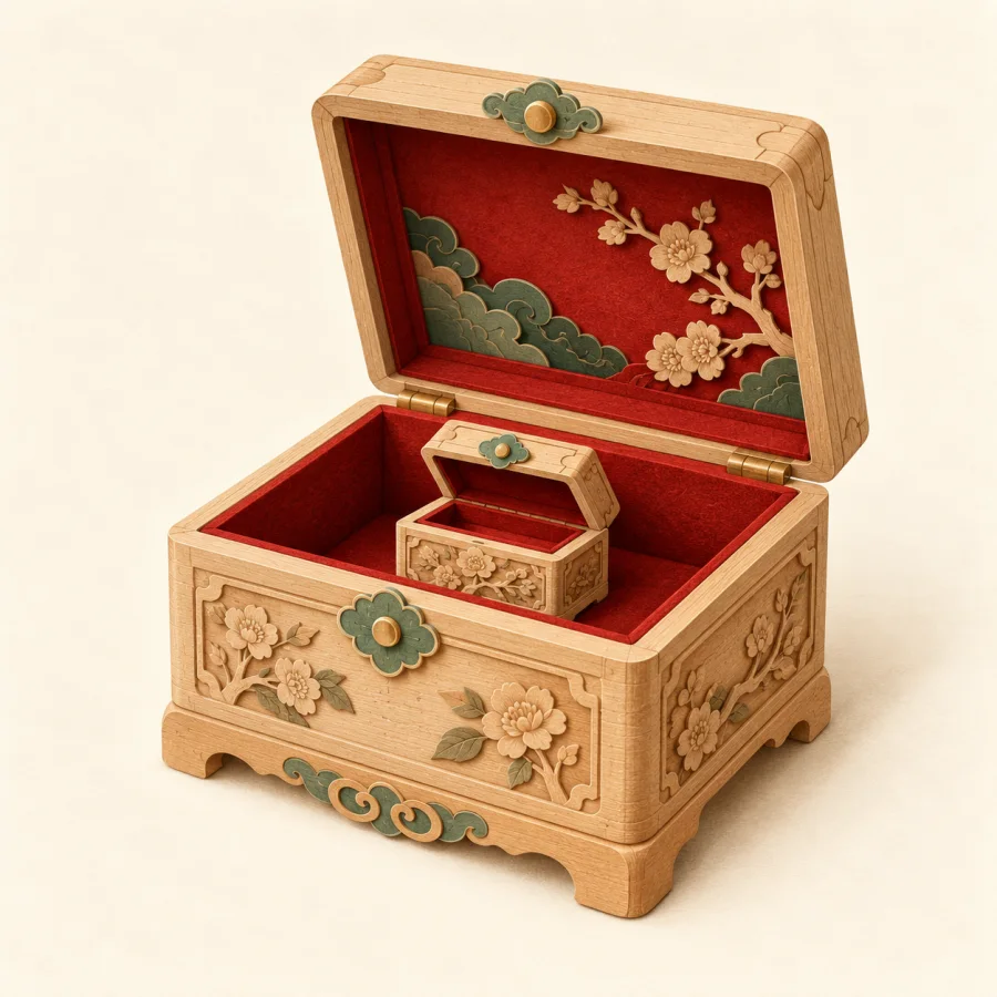 A small ornate box opened to show another tiny box inside.