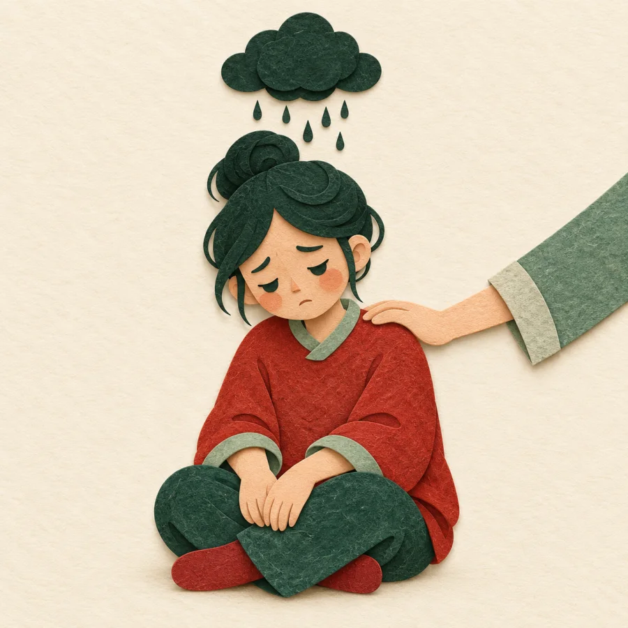A person sits under a small dark cloud with a hand on their shoulder.