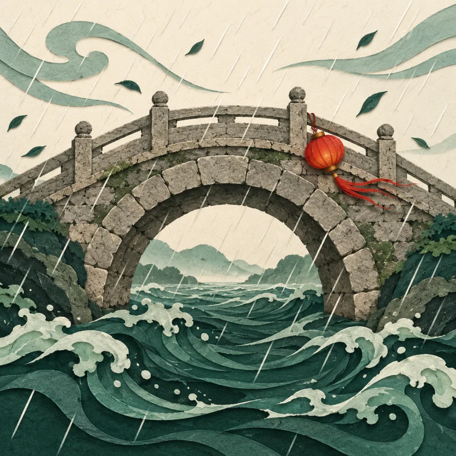 An old stone bridge stands firm in heavy rain and wind.